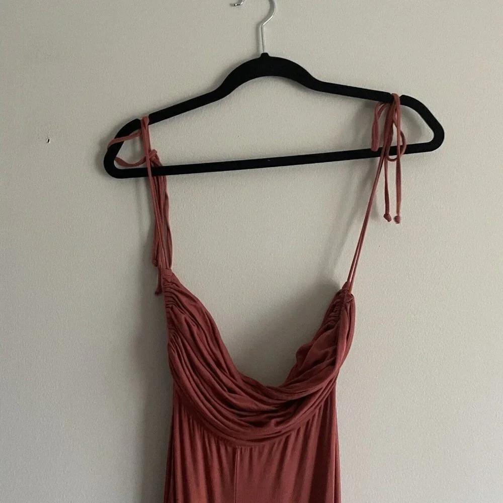 FP Beach SZ XS Terracotta Boho Slinky Tie Straps Cowl Neck All Day Long Jumpsuit